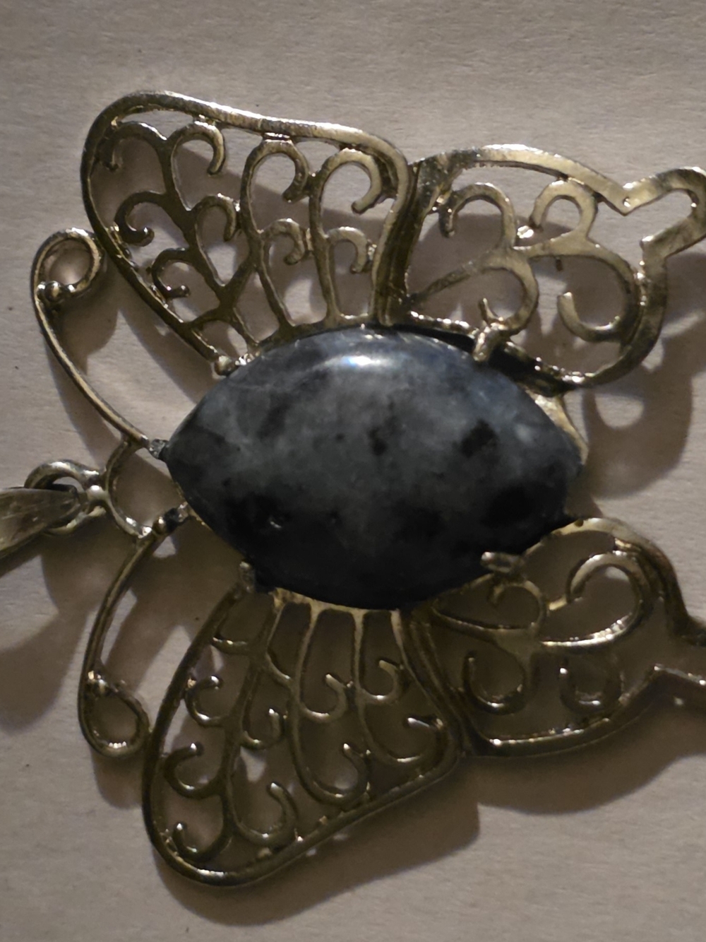 Sterling-Style Filigree Butterfly Pendant with Gray Marbled Stone